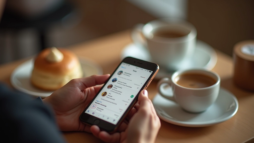 Hands holding smartphone at cafe table with coffee cup and pastry, overhead view, warm lighting