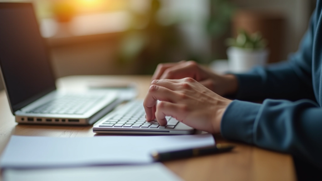 Hands on keyboard typing message, desk workspace with notebook, warm studio lighting, overhead angle, clear focus