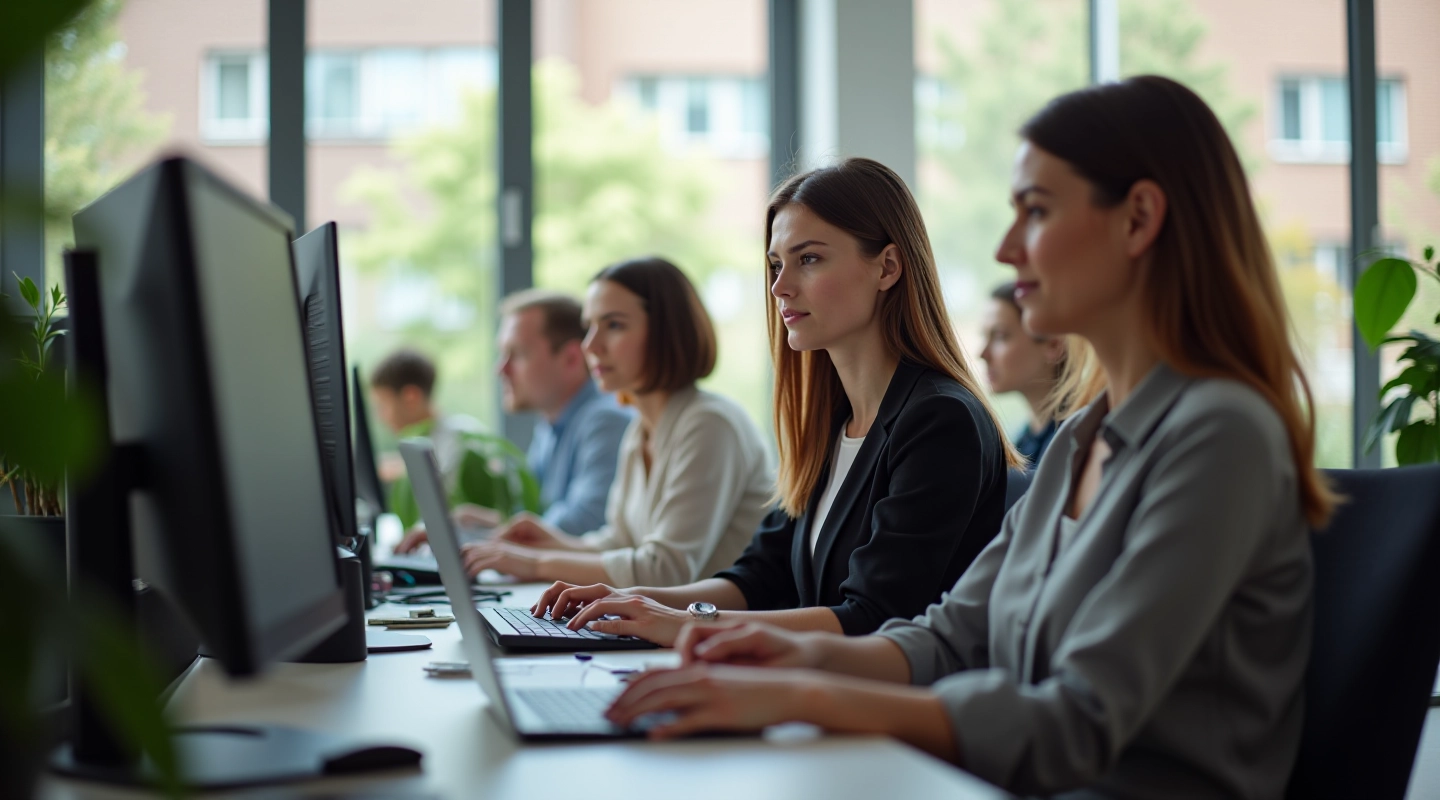 Diverse group learning AI concepts in a modern collaborative office setting