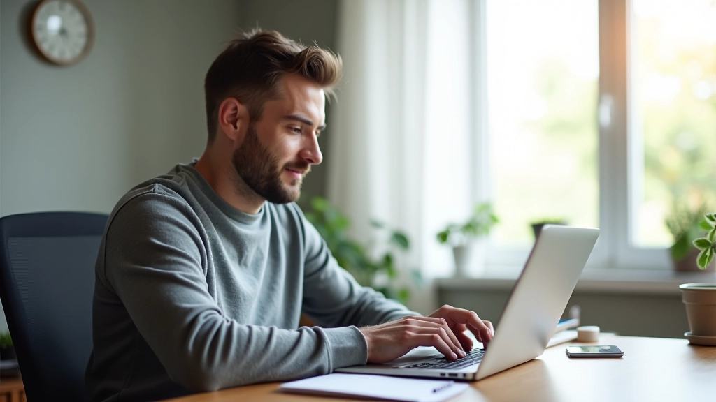Person working at modern desk with laptop and notepad, typing with focused expression, bright natural lighting from window