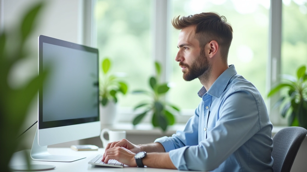 Person seated at desk looking at computer monitor displaying text and code in modern minimalist office space