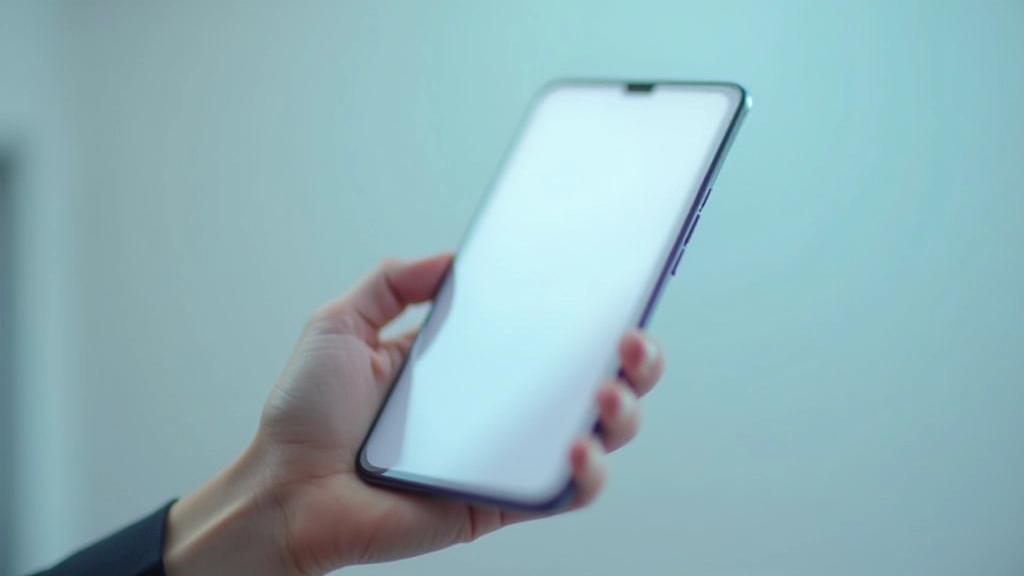 Close-up view of smartphone screen showing text interface with cursor, shallow depth with blurred hand visible, clean tech aesthetic